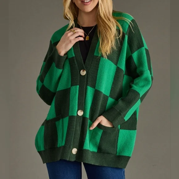 Panache Apparel Girl Crush Oversized Cardigan In Green Checkered Size LG - Picture 1 of 16